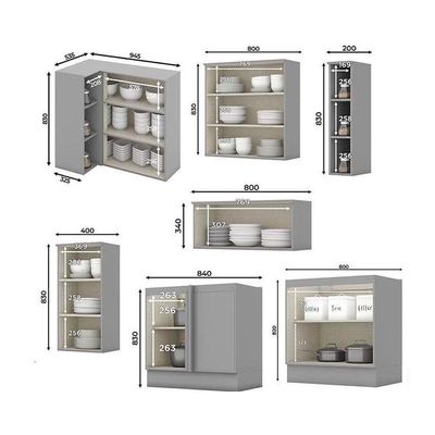 Cozinha Modulada Completa Americana 16 Peças 6aéreos+5balcões+ 1 Paneleiro +4complementos C5p38 Cinza