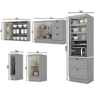 Cozinha Modulada Completa Americana 16 Peças 6aéreos+5balcões+ 1 Paneleiro +4complementos C5p38 Cinza