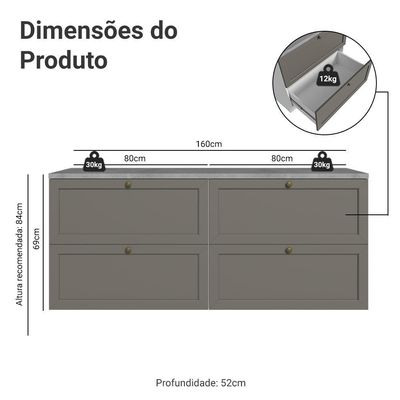 Rack Para Até 70 Polegadas 160cm 4 Gavetas Vik Madesa 04 Branco-cinza