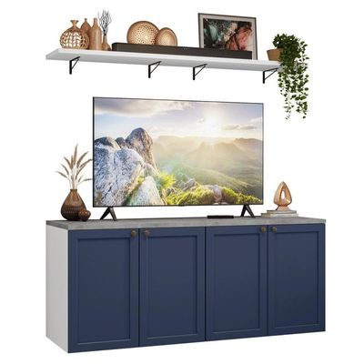 Rack Para Até 70 Polegadas + Prateleiras 160cm Vik Madesa 05 Branco-azul
