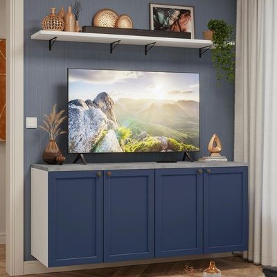 Rack Para Até 70 Polegadas + Prateleiras 160cm Vik Madesa 05 Branco-azul