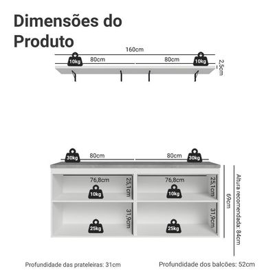Rack Para Até 70 Polegadas + Prateleiras 160cm Vik Madesa 05 Branco-cinza