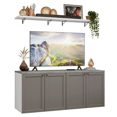 Rack Para Até 70 Polegadas + Prateleiras 160cm Vik Madesa 05 Branco-cinza