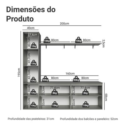 Rack Suspenso Para Até 70 Polegadas + Prateleira 200cm Nice Madesa 01 Cinza