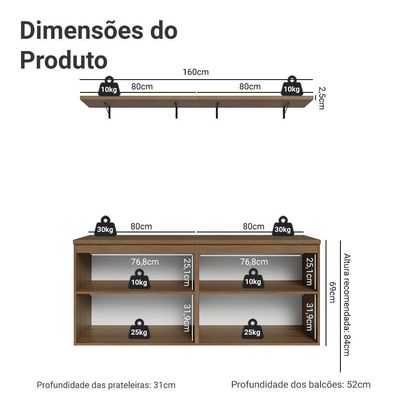 Rack Para Até 70 Polegadas + Prateleiras 160cmVik Madesa 05 Rustic-cinza
