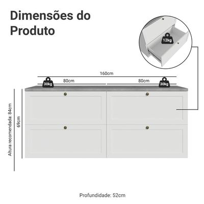 Rack Para Até 70 Polegadas 160cm 4 Gavetas Vik Madesa 04 Branco