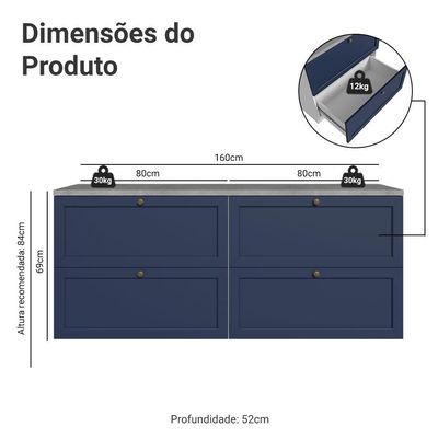 Rack Para Até 70 Polegadas 160cm 4 Gavetas Vik Madesa 04 Branco-azul