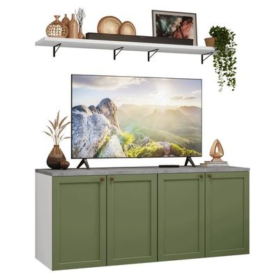 Rack Para Até 70 Polegadas + Prateleiras 160cm Vik Madesa 05 Branco-verde