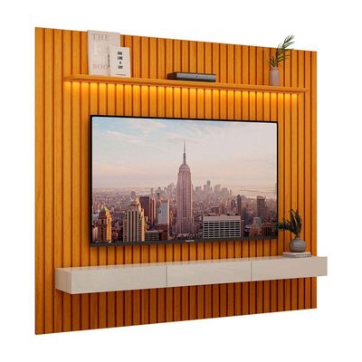 Rack Com Painel Para Sala Ripado Cleann Com Off White - Moveisaqui