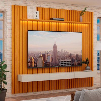 Rack Com Painel Para Sala Ripado Cleann Com Off White - Moveisaqui
