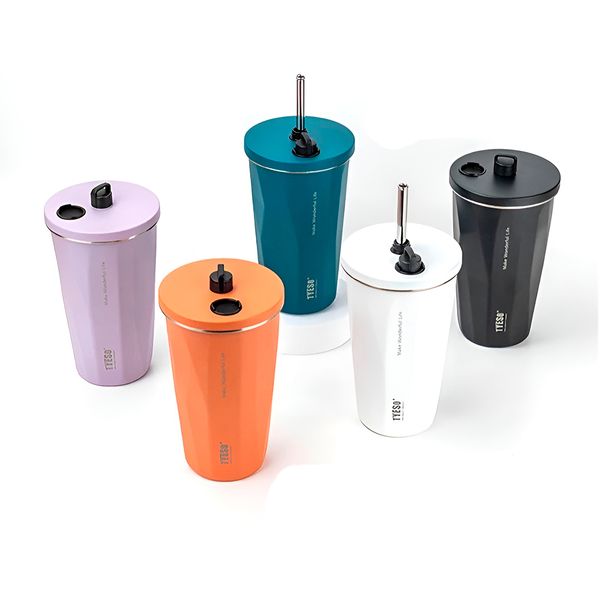 Copo Térmico Aço Inox 600ml com Canudo Água Café Suco Cor:Azul