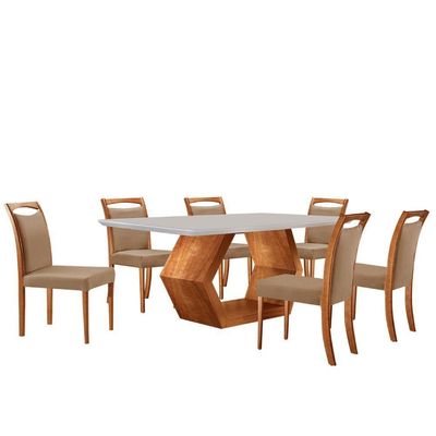 Mesa Ane 180 Tampo Com Vidro Laqueado Com 6 Cadeiras Livia Linho Palha Imbuia Natural Off White