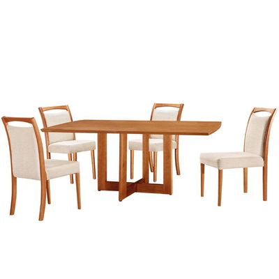 Mesa 120cm Laminado Barril Com 4 Cadeiras Moderna Mobilia Linho Off White Imbuia Naturale