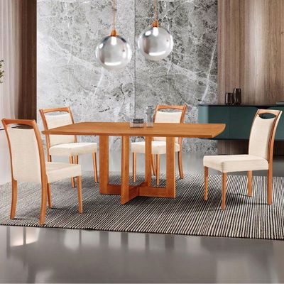 Mesa 120cm Laminado Barril Com 4 Cadeiras Moderna Mobilia Linho Off White Imbuia Naturale