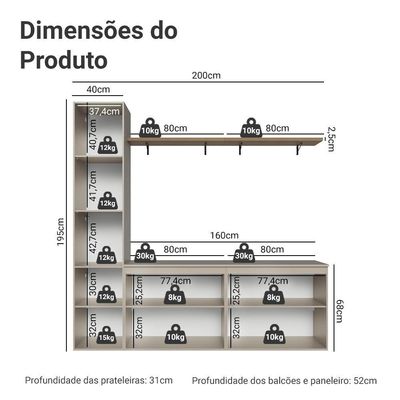 Rack Suspenso Para Até 70 Polegadas + Prateleira 200cm Nice Madesa 01 Crema