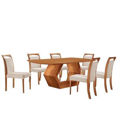 Mesa Ane 180 Tampo Laminado Barril Com 6 Cadeiras Munique Linho Off Imbuia Natural