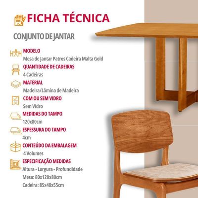 Mesa 120 Laminado Com 4 Cadeiras Malta Gold Moderna Mobília Milano Imbuia Naturale