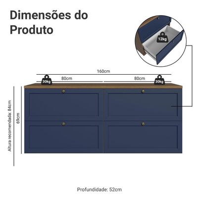 Rack Para Até 70 Polegadas 160cm 4 Gavetas Vik Madesa 04 Rustic-azul