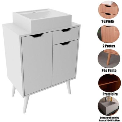 Gabinete Para Banheiro 60 Cm 2 Portas Com Cuba Meire Branco