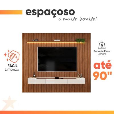Painel P/ Tv Até 90 Polegadas Ripado Autêntico Com Led Montreal Com Nicho Efraín Madeirado/off White