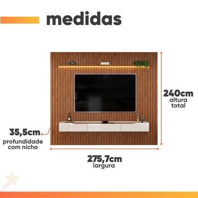 Painel P/ Tv Até 90 Polegadas Ripado Autêntico Com Led Montreal Com Nicho Efraín Madeirado/off White