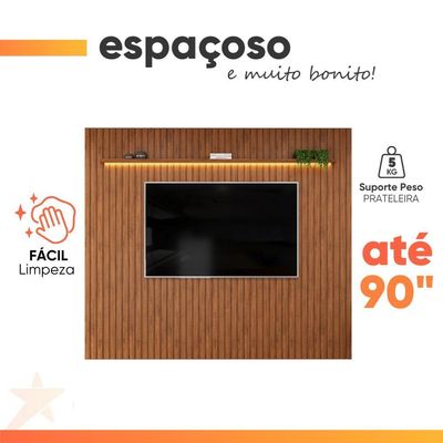 Painel Para Até 90 Polegadas 2,75m Ripado Autêntico Com Led E Prateleira Montreal Madeirado Madeirado