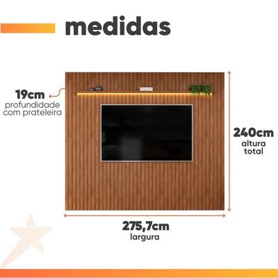 Painel Para Até 90 Polegadas 2,75m Ripado Autêntico Com Led E Prateleira Montreal Madeirado Madeirado