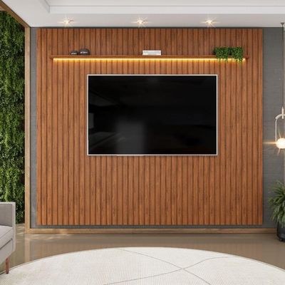 Painel Para Até 90 Polegadas 2,75m Ripado Autêntico Com Led E Prateleira Montreal Madeirado Madeirado