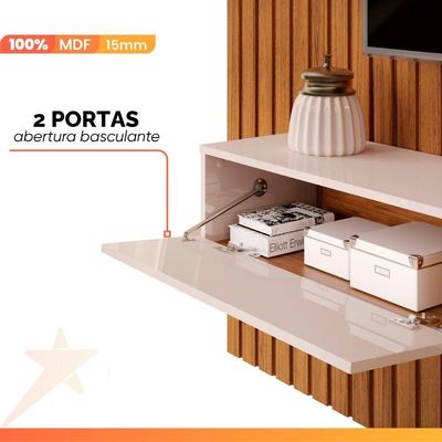 Painel Para Tv Até 90 Polegadas 2,75m Ripado Autêntico Com Led E Nicho Montreal Madeirado/off White