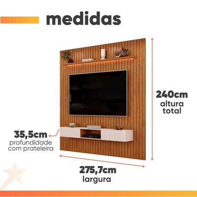 Painel Para Tv Até 90 Polegadas 2,75m Ripado Autêntico Com Led E Nicho Montreal Madeirado/off White