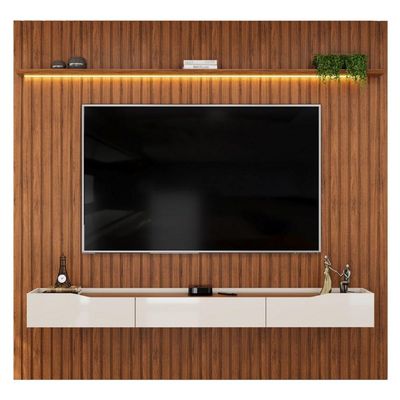 Painel P/ Tv Até 85 Polegadas Ripado Autêntico Com Led Montreal Com Nicho Efraín Madeirado/off White
