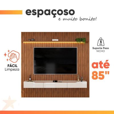 Painel P/ Tv Até 85 Polegadas Ripado Autêntico Com Led Montreal Com Nicho Efraín Madeirado/off White