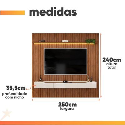 Painel P/ Tv Até 85 Polegadas Ripado Autêntico Com Led Montreal Com Nicho Efraín Madeirado/off White