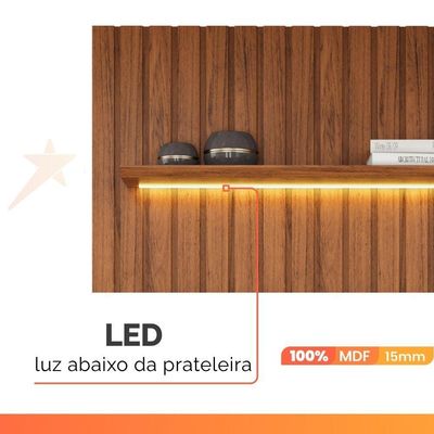 Painel Para Até 65 Polegadas 2,23m Ripado Autêntico Com Led E Prateleira Montreal Madeirado Madeirado