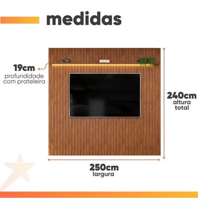 Painel Para Até 65 Polegadas 2,23m Ripado Autêntico Com Led E Prateleira Montreal Madeirado Madeirado