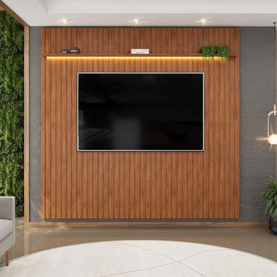 Painel Para Até 65 Polegadas 2,23m Ripado Autêntico Com Led E Prateleira Montreal Madeirado Madeirado
