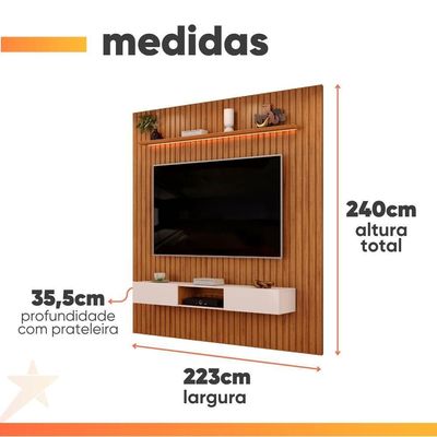 Painel Para Tv Até 65 Polegadas 2,23m Ripado Autêntico Com Led E Nicho Montreal Madeirado/off White
