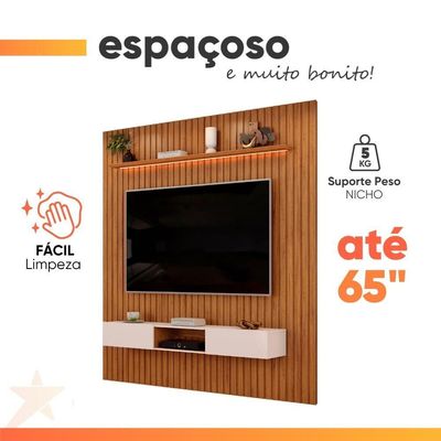 Painel Para Tv Até 65 Polegadas 2,23m Ripado Autêntico Com Led E Nicho Montreal Madeirado/off White