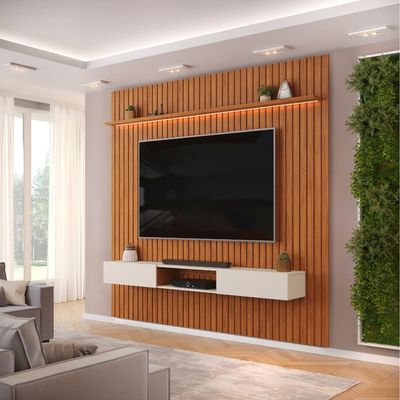 Painel Para Tv Até 85 Polegadas 2,50m Ripado Autêntico Com Led E Nicho Montreal Madeirado/off White