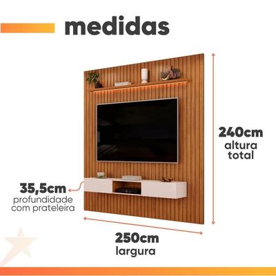 Painel Para Tv Até 85 Polegadas 2,50m Ripado Autêntico Com Led E Nicho Montreal Madeirado/off White