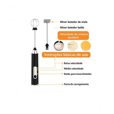 Mini Mixer Portátil Usb Com 3 Velocidades – Espumador De Leite, Batedor De Ovos, Whey E Shakes Cremosos Preto