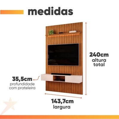 Painel Para Tv Até 55 Polegadas 1,43m Ripado Autêntico Com Led E Nicho Montreal Madeirado/off White