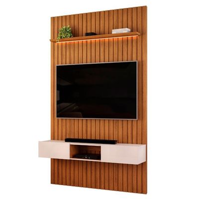 Painel Para Tv Até 55 Polegadas 1,43m Ripado Autêntico Com Led E Nicho Montreal Madeirado/off White
