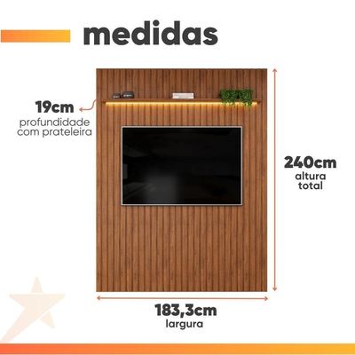 Painel Para Até 65 Polegadas 1,83m Ripado Autêntico Com Led E Prateleira Montreal Madeirado Madeirado
