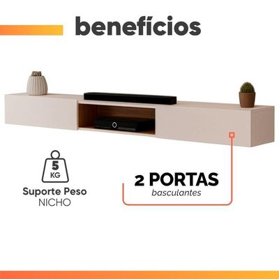 Rack Suspenso Para Painel Ou Tv Até 75 Polegadas 2,10m 2 Portas Com Nicho Montreal Off White