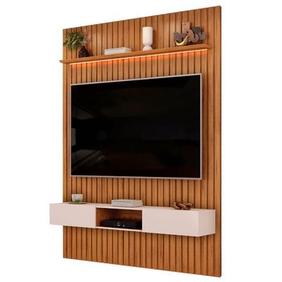 Painel Para Tv Até 65 Polegadas 1,83m Ripado Autêntico Com Led E Nicho Montreal Madeirado/off White