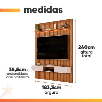 Painel Para Tv Até 65 Polegadas 1,83m Ripado Autêntico Com Led E Nicho Montreal Madeirado/off White