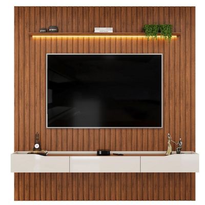 Painel P/ Tv Até 65 Polegadas Ripado Autêntico Com Led Montreal Com Nicho Efraín Madeirado/off White