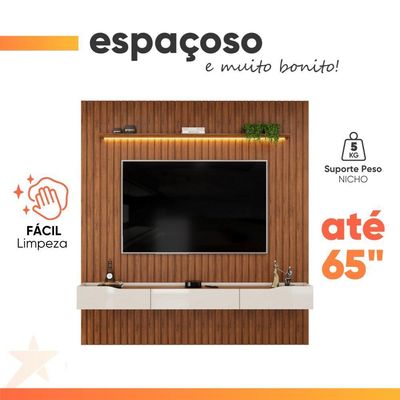 Painel P/ Tv Até 65 Polegadas Ripado Autêntico Com Led Montreal Com Nicho Efraín Madeirado/off White