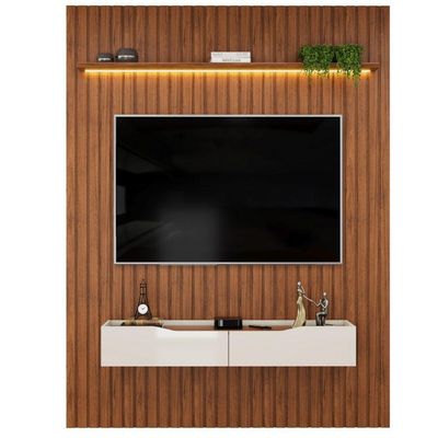 Painel Para Tv Até 65" 1,83m Ripado com Led Montreal com Nicho Madeirado/Off White